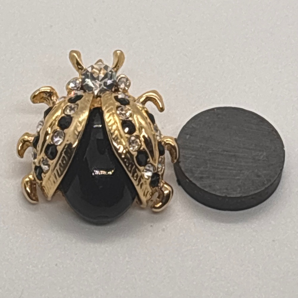 Gold Tone Ladybug Brooch Black Gem Clear Crystal Accent Women Costume Jewelry - Picture 5 of 7